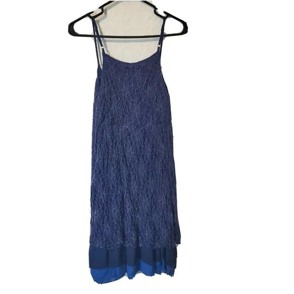 Altar'd State Dress SM Denim Blue Floral Lace Boho Short Floral Layered - Picture 2 of 2